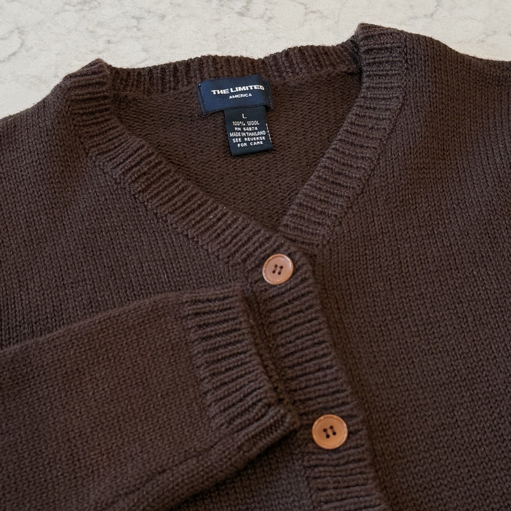 VTG The Limited America Chocolate Brown 100% Lambswool Cardigan Sweater Small